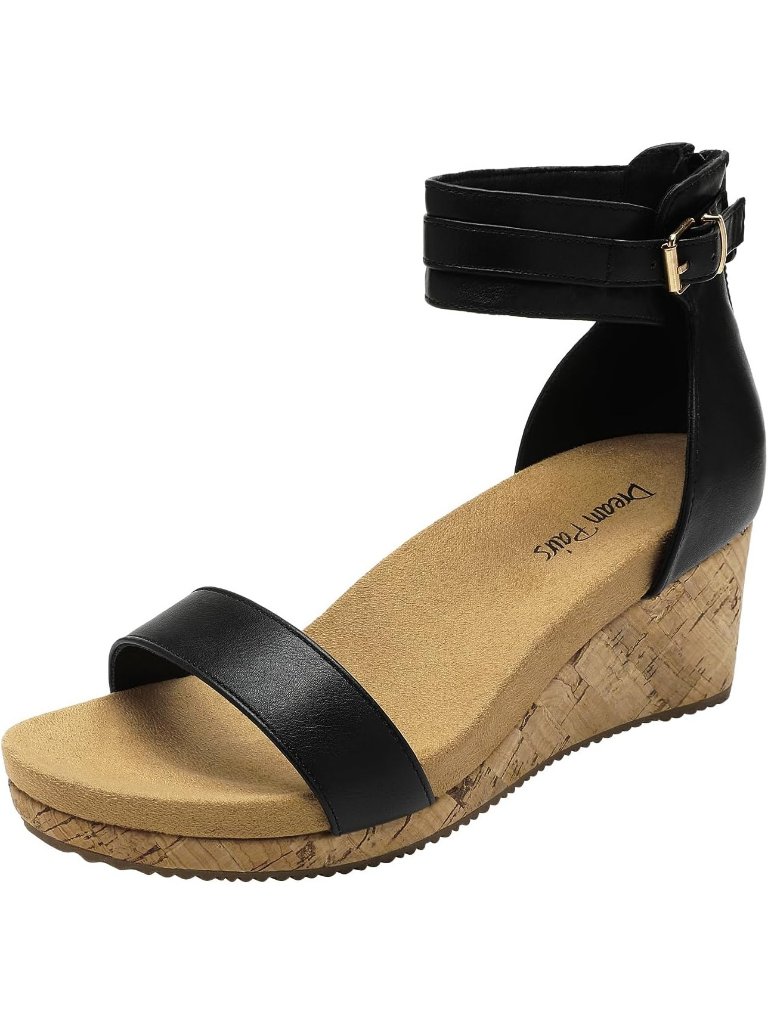 Women's Black Open Toe Buckle Ankle Strap Platform Wedge Sandals Summer Shoes